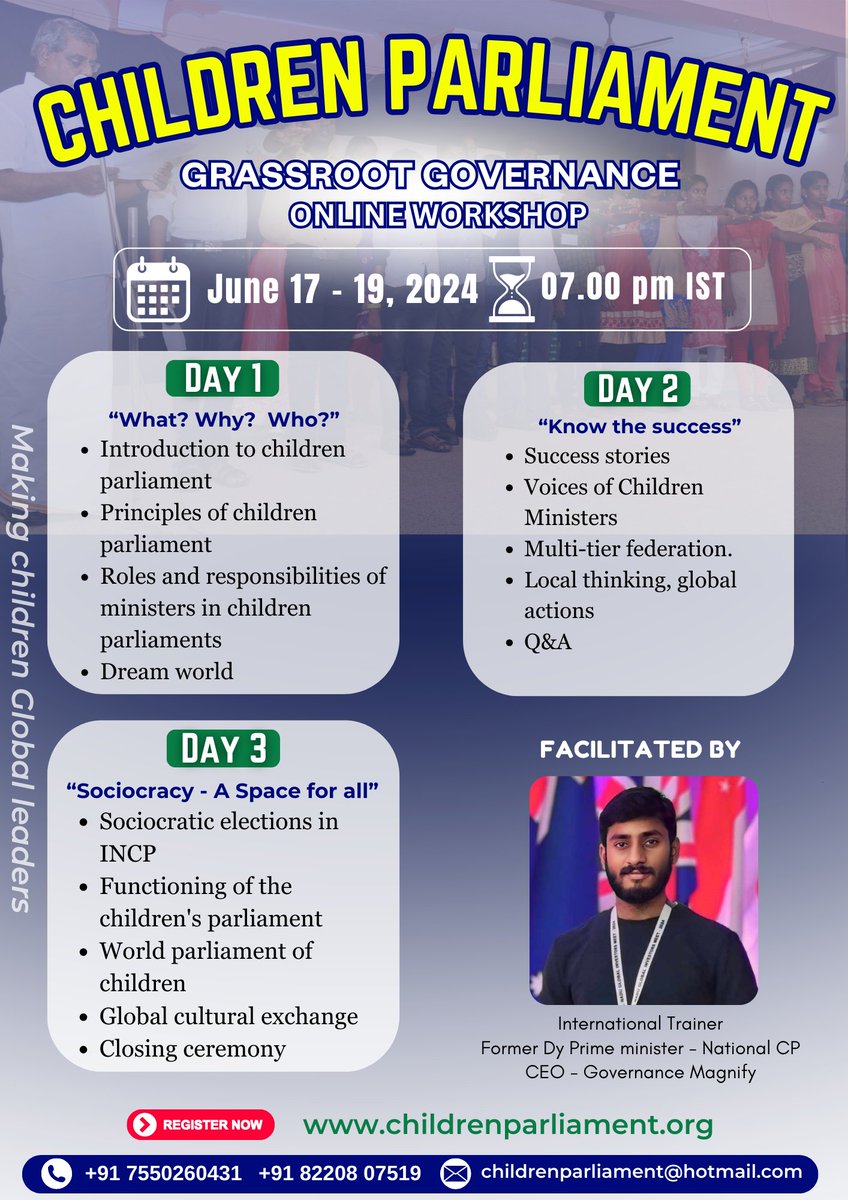 Children Parliament Online Workshop! 🌍

Join us for an engaging workshop exploring themes from grassroots governance to global governance. 

📅 Date: June 17 - 19, 2024

🔗 Register now: childrenparliament.org

Be a part of shaping young minds for a better future! 💡👫