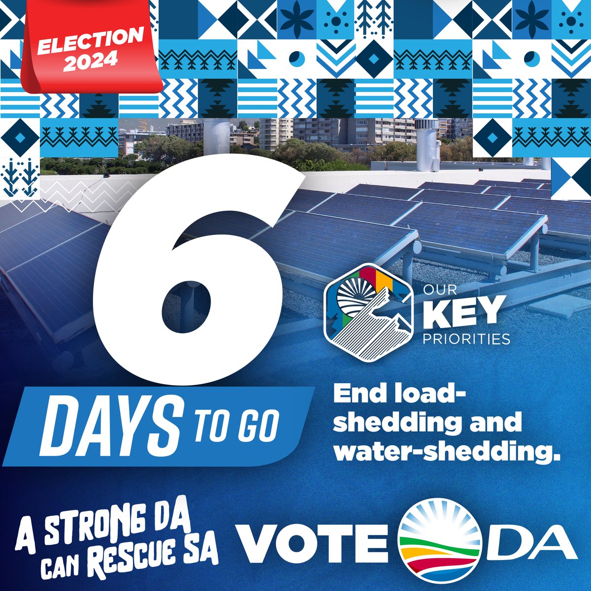 6️⃣ DAYS TO GO! The DA is implementing sustainable solutions to end load-shedding and water-shedding. On 29 May, vote for a party that has a solid plan to end load-shedding and water-shedding. #VoteDA! #RescueSA