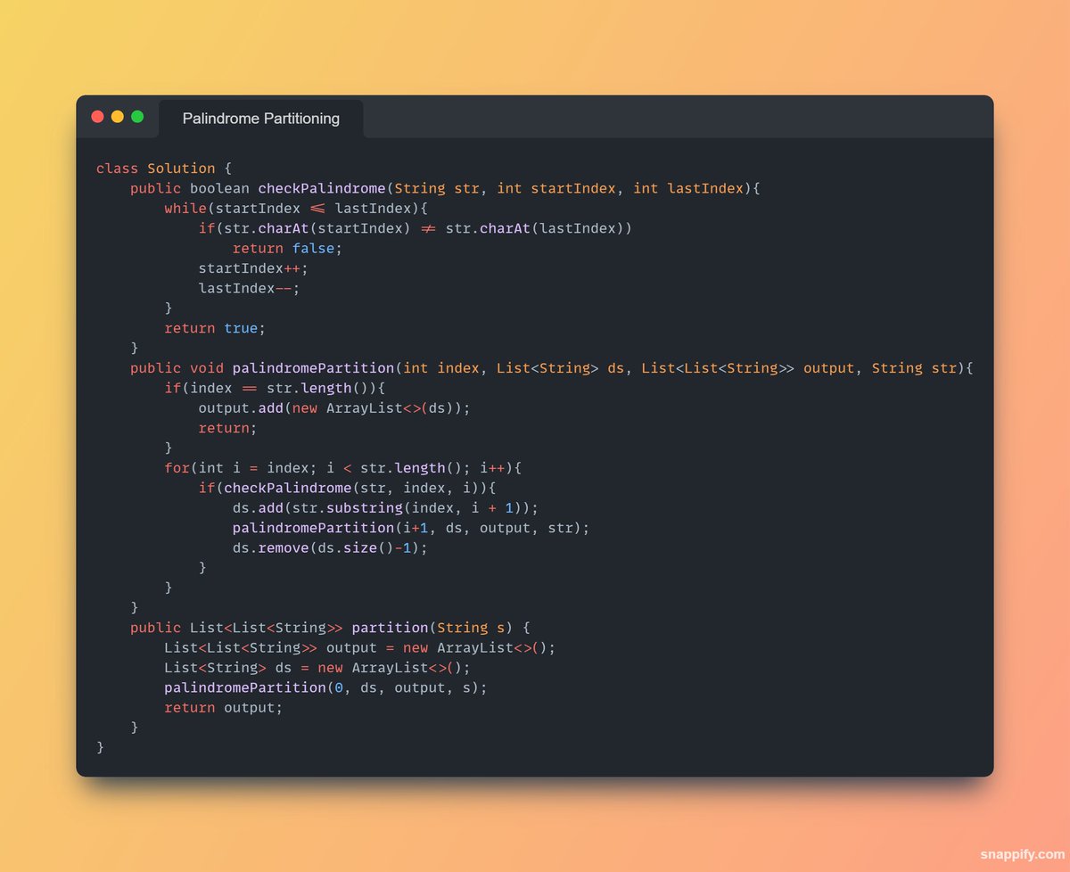 aryan90030's tweet photo. Day 84/100:
Question - 1 => 2597. The Number of Beautiful Subsets
Question - 2 => 131. Palindrome Partitioning
Questions Count - 168 & 169
#CodingJourney #ProgrammingGoals #100DaysOfCode https://t.co/ZtUz3c6NVg