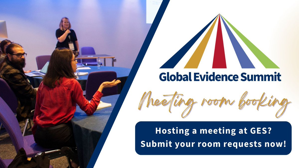 Planning on hosting a meeting at the Global Evidence Summit?
Request a room at the venue now. Meeting requests are open until 10 July but are allocated on a first-come first-served basis: globalevidencesummit.org/meetings/ 
#GES2024 <a href="/GESummit/">GESummit</a> <a href="/cochranecollab/">Cochrane</a> <a href="/gin_member/">GIN Member</a> <a href="/CampbellReviews/">The Campbell Collaboration</a>