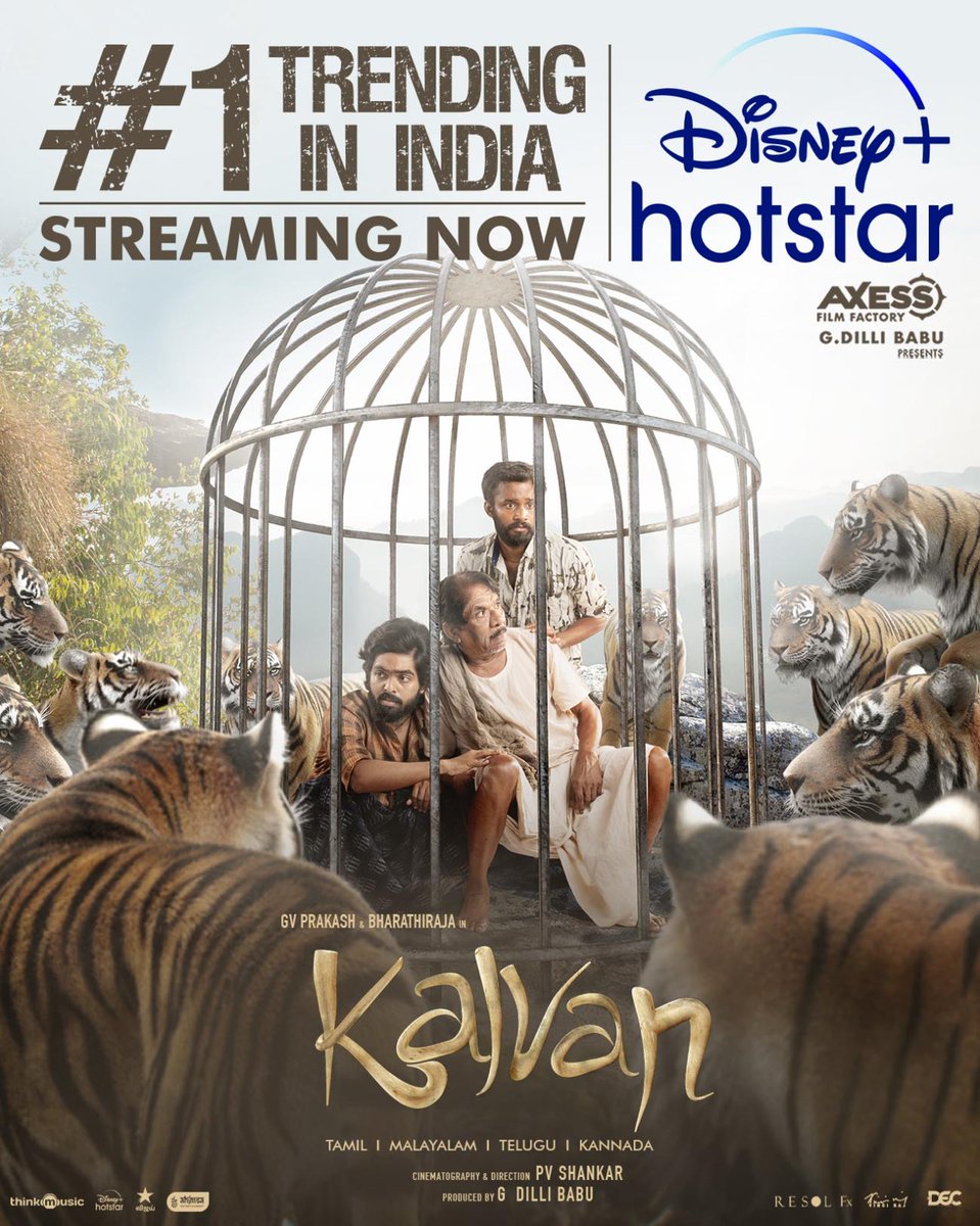 Kalvan is now the #1 trending film in India on Hotstar! 🌳 ✨ Embark on a thrilling journey through the forest and experience the magic. Watch it now, exclusively on Hotstar! 🌟 #KalvanOnDisneyplusHotstar Link :hotstar.com/in/movies/kalv… A @gvprakash Musical 🎶