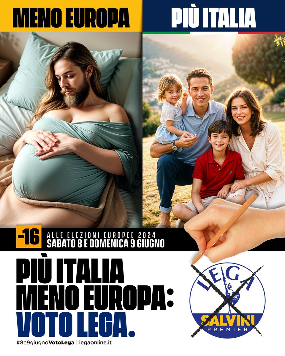 ❌ Uomini “incinti” e follie woke? No, grazie. ✅ Sì a mamme e papà! Per PIÙ ITALIA🇮🇹 e meno Europa, scegli la Lega. MENO 16 #8e9giugnovotoLega