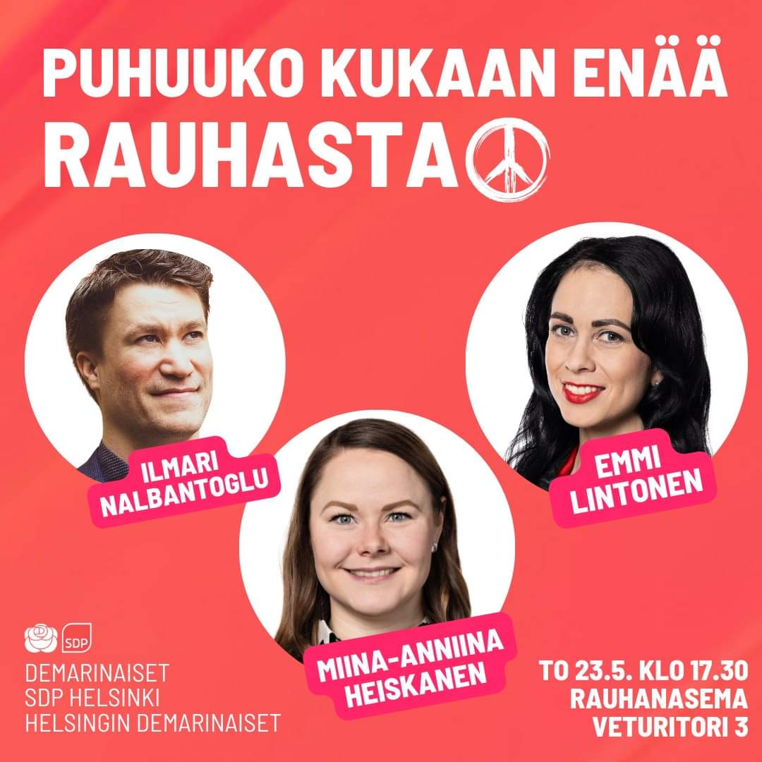 Puhuuko kukaan enää rauhasta?
Tule Rauhanasemalle to 23.5. klo 17.30 keskustelemaan rauhasta, sodan vaikutuksesta siviileihin ja siitä onko rauhanrakentaminen mahdollista. Paikalla mm. eurovaaliehdokkaat <a href="/MiinaAnniina/">Miina-Anniina Heiskanen | SDP🌹</a> Heiskanen ja <a href="/ELintone/">Tonette Elin</a> #PystymmeParempaan #Eurovaalit2024
