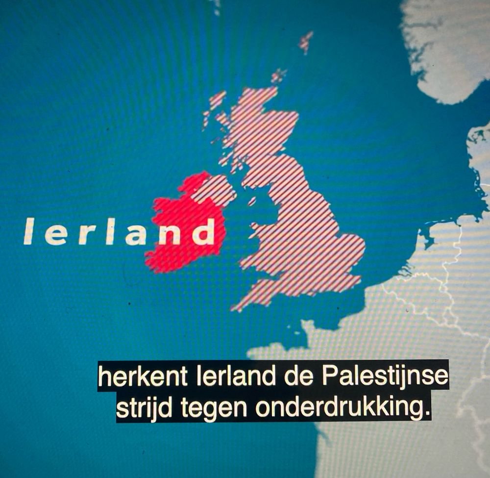 Dutch evening TV news (NPO Journaal) is rather more informative about British history than the (dutifully curated) BBC: “As a former colony that long fought against British rule, Ireland recognises the Palestinian struggle against oppression.”
