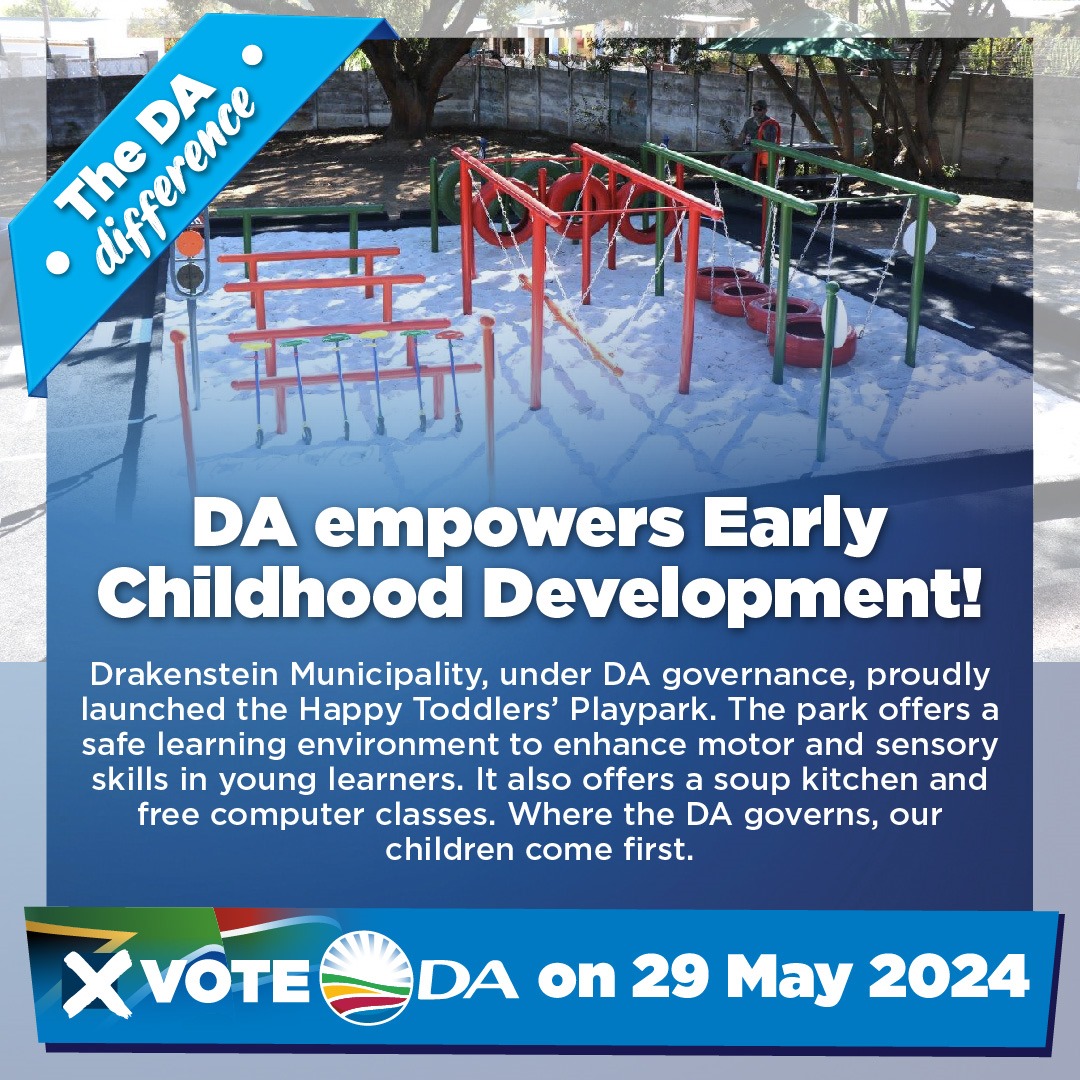 🛝 DA-run Drakenstein Municipality launches the Happy Toddler's Playpark, prioritising education and community engagement for all ages. This is the #DAdifference. On 29 May, vote DA to empower our children with a brighter future. Your vote can win! #RescueSA  #VoteDA
