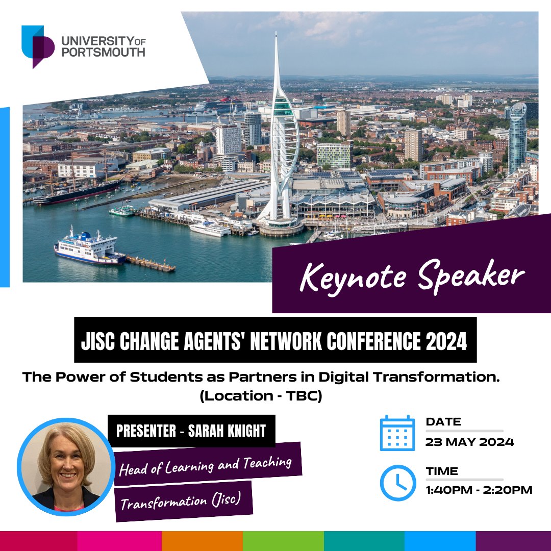 Day 2 - Jisc Change Agents' Network Conference features keynote speakers Prof Ale Armellini on 'Teach Well, Consistently Well' this morning & Sarah Knight discussing 'The Power of Students as Partners in Digital Transformation' this afternoon. Join us! 👋