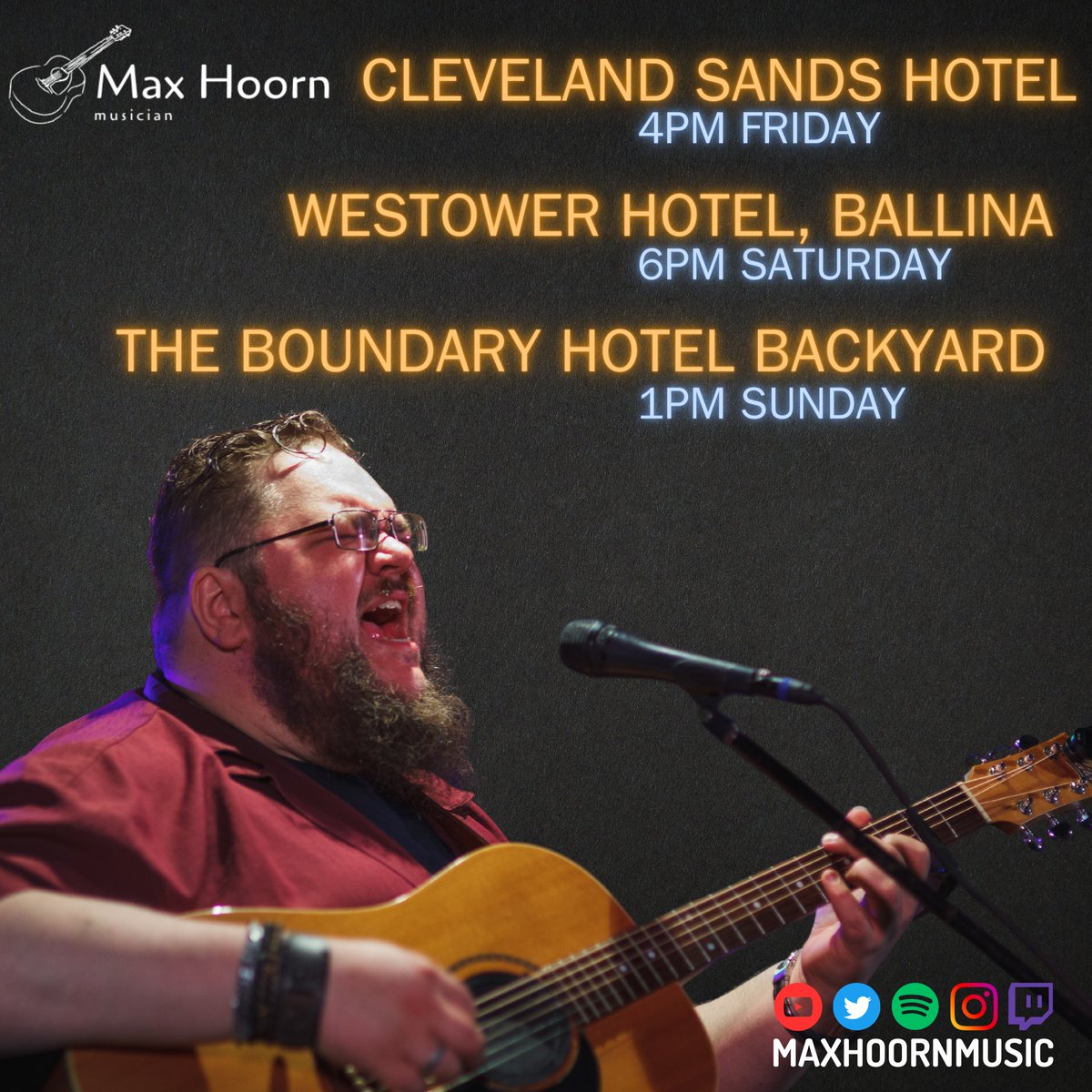 Gig guide this weekend. Friday - Cleveland Sands Hotel 4pm Saturday - Westower Hotel, Ballina 6pm Sunday - Boundary Hotel - Backyard, 1pm #music #gigguide #whatson #livemusic #loopy #supportlivemusic #livemusic #musician