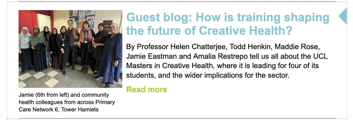 Helen Chatterjee (@h_chatterjee) on Twitter photo Our brilliant @MascUcl alumni <a href="/MaddieGRose/">Maddie Rose</a> Todd Henkin, Amalia Restrepo & Jamie Eastman wrote a fantastic @CHWAlliance blog about their journeys in #CreativeHealth 💚
culturehealthandwellbeing.org.uk/news/blog/gues…
#CreativityandWellbeingWeek Our brilliant @MascUcl alumni <a href="/MaddieGRose/">Maddie Rose</a> Todd Henkin, Amalia Restrepo & Jamie Eastman wrote a fantastic @CHWAlliance blog about their journeys in #CreativeHealth 💚
culturehealthandwellbeing.org.uk/news/blog/gues…
#CreativityandWellbeingWeek