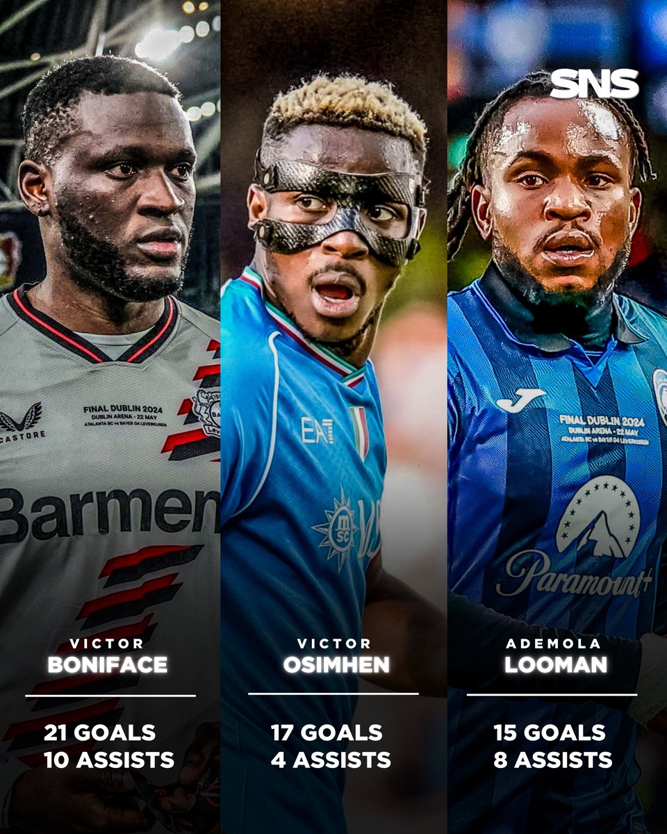 Sholynationsp's tweet photo. 🇳🇬 NIGERIAN STRIKERS ON FIRE!

🇳🇬 Ademola Lookman: 15 goals, 8 assists
🇳🇬 Victor Osimhen: 17 goals, 4 assists
🇳🇬 Victor Boniface: 21 goals, 10 assists

The Super Eagles have got some serious firepower! 🔥 https://t.co/yNxADvzcql