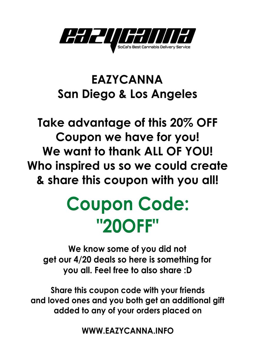 EazyCanna's tweet photo. Its 20% off time!!! Use code "20OFF" on our site and save big! Coupon valid till further notice! Sharing is caring :)

#EazyCanna #Discount #SaveBig #HotSale #OFF #Delivery #Shipping #cannabisusa https://t.co/X4ILY6zz7M https://t.co/rfn8RH4lQB
