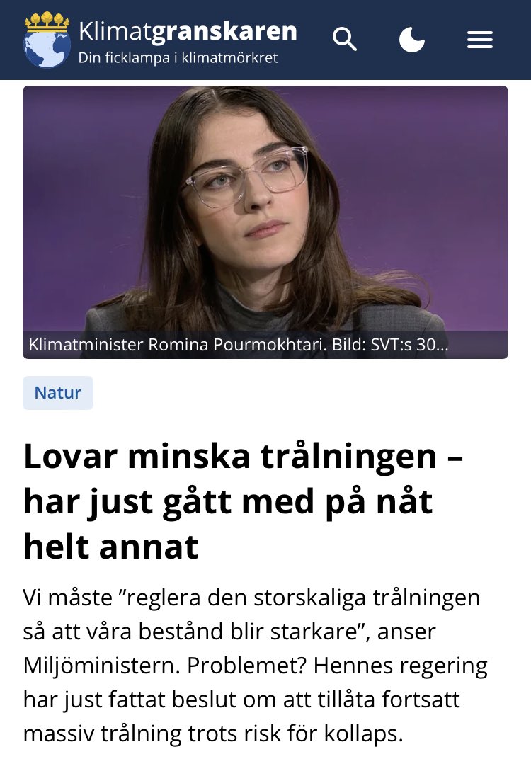 Miljöministern igår: ”Mitt parti Liberalerna har länge kämpat för att reglera inte minst den storskaliga trålningen” 
Problemet? hennes egen regering har just drivit fram en EU-överenskommelse som tillåter massiv trålning i Östersjön.