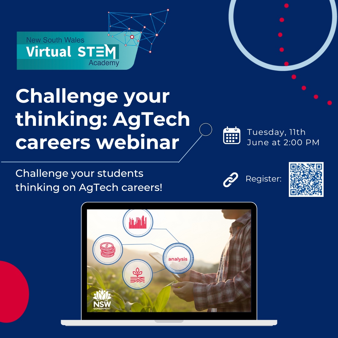 🌱High school teachers! NSW Virtual STEM Academy invites you and your students to the Challenge your thinking: AgTech careers webinar on 11 June. 
Register: dartlearning.org.au/excursion/agri…  
#AgTech #STEMEducation #FutureFarming
@NSWEducation @FizzicsEd @OzPIEF