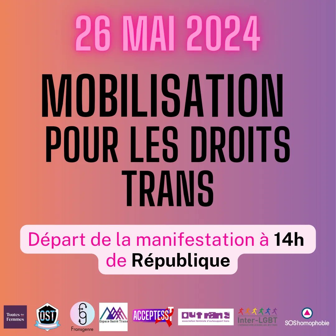 OrgaSoliTrans's tweet photo. 🏳️⚧️ PARIS
📍 14 H République
💥 POUR LES DROITS TRANS 💥
Soyons nombreux-ses pour repousser les lois antitrans et pour faire avancer nos droits !
#RiposteTrans https://t.co/OVtHHidw8F