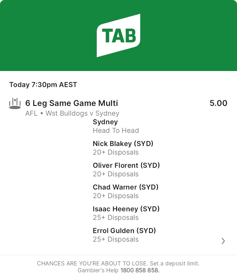 FootyFGPod's tweet photo. How good is Thursday night footy ! 

Taking advantage of @tabcomau  promo - miss by one and still get paid. 

#goswannies #AFLDogsSwans #SGM #AFLBets https://t.co/857zI7ryOv