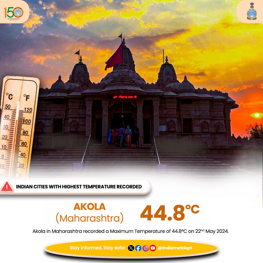 Akola in Maharashtra recorded a Maximum Temperature of 44.8°C on 22nd May 2024. #heatwave #heatwavealert #weatherupdate #akola #maharashtra #maharashtraweather @moesgoi @DDNewslive @ndmaindia @airnewsalerts