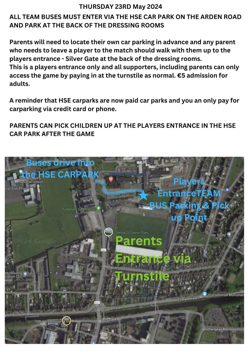 offalyschoolGAA's tweet image. Arrangements for Thursday 23rd Ocp Tullamore schools finals.

Please read carefully, and inform your bus company. 

Team Buses and children supporters Bus are only allowed to park at the back of the dressing rooms. No parent cars allowed into O Connor Park but they can drive into…