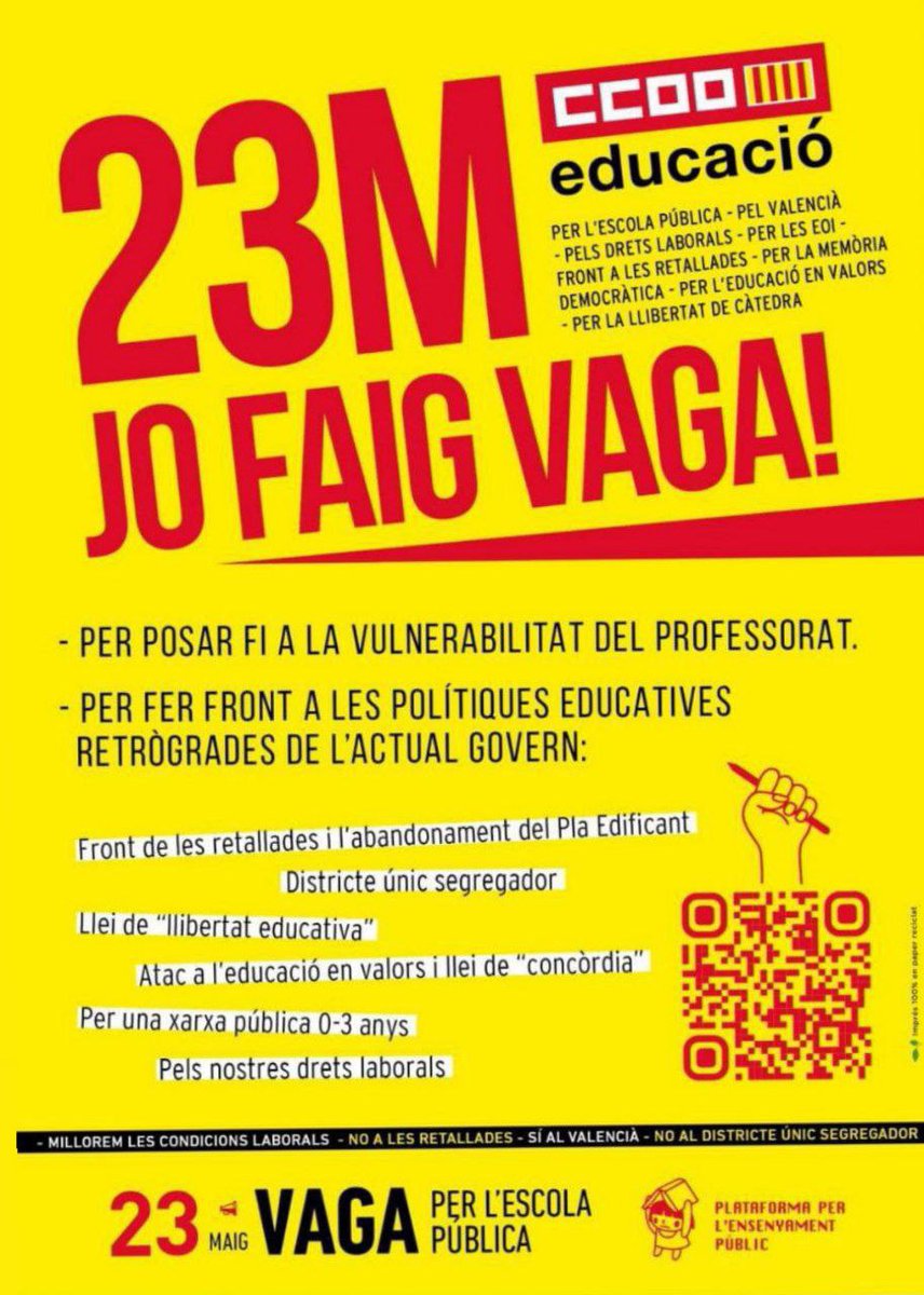 CCOOeducacio's tweet photo. 📣 Avui les companyes i companys de @educacio_ccoopv fan vaga contra les polítiques de retallades de la Generalitat Valenciana!

Tot el nostre suport a la #Vaga23M 

#SíalValencià 
#NoalDistricteSegregador
#MemòriaDemocràtica 
#EscolaPública 
#DefensemLEducació https://t.co/aCdBrvZZxx