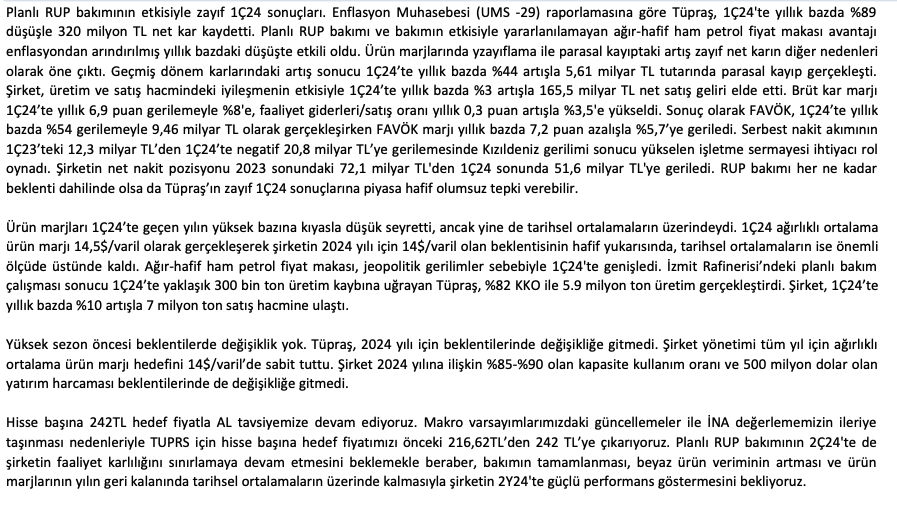 İş yatırım #TUPRS hedef fiyatını 242 TL olarak belirledi. 🎯Planlı RUP bakımı ve yararlanılamayan ağır-hafif petrol fiyat makası avantajı nedeniyle enflasyondan arındırılmış faaliyet karı düşüş gösterdi. 🎯Güçlü özkaynaklar nedeniyle yazılan parasal kayıp net karı düşürdü.