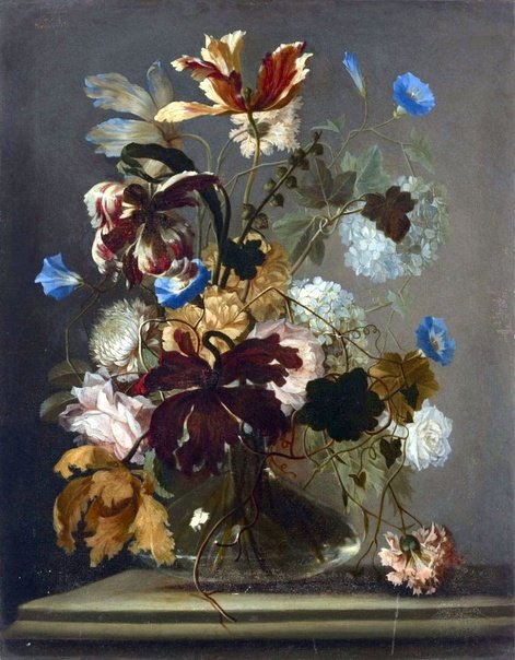 Karel van Vogelaar 'Tulips, hydrangeas, roses and other flowers in a vase'