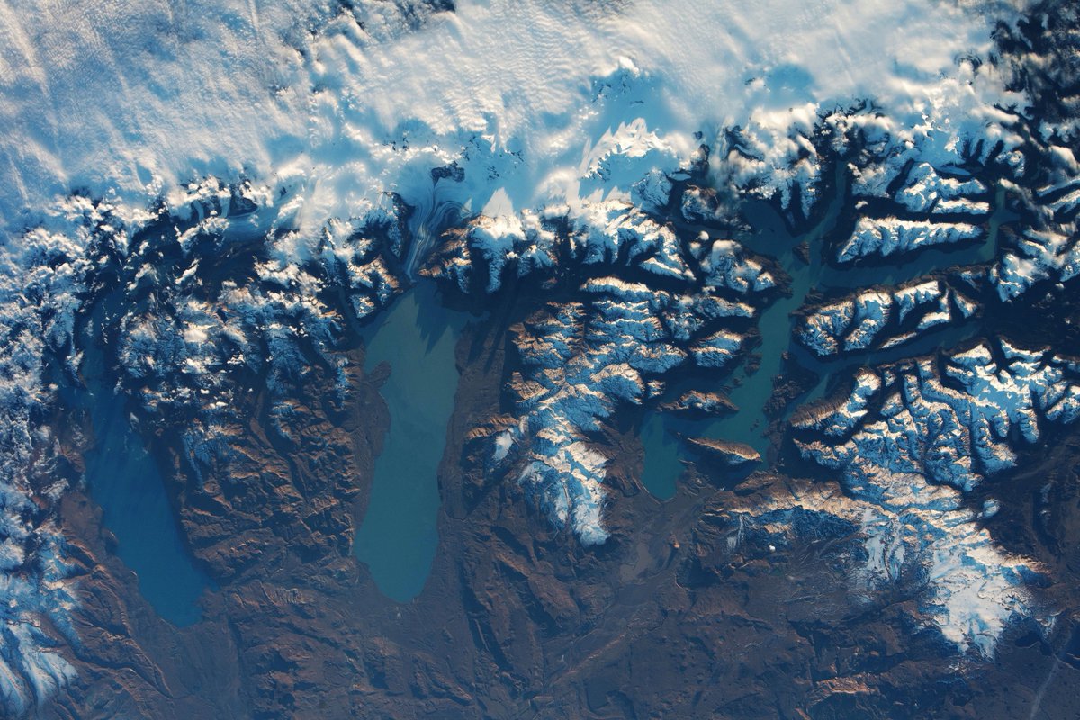 Breathtaking: The Southern Patagonia Icefield in the Andes Mountains of Chile as seen from space. You can see dramatic elevation changes from mountain peaks to the adjacent lake surfaces in Argentina. (Credit: Earth Science and Remote Sensing Unit, NASA Johnson Space Center)