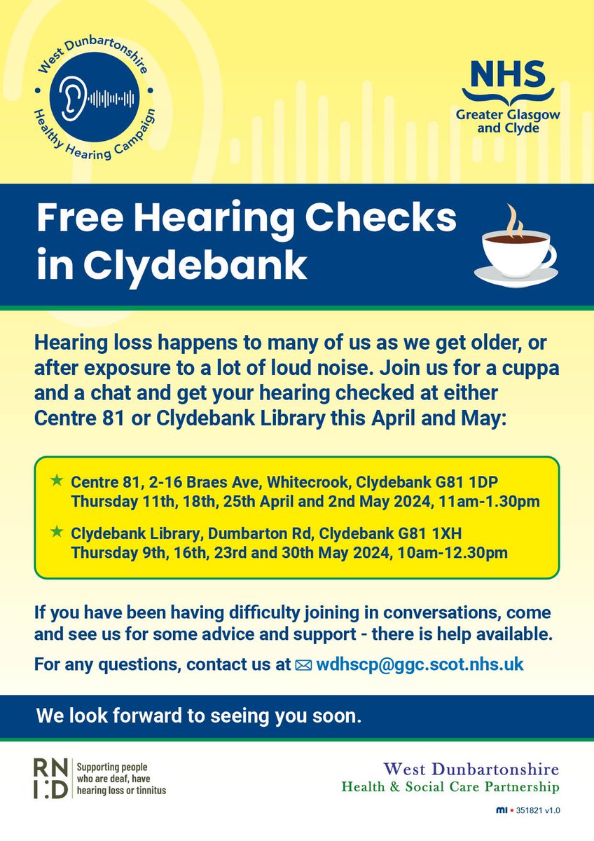 Join us today at #Clydebank library for free hearing checks, a cuppa, support & advice from 10am-12.30pm. No need to book! @wdhscp @WDCouncil