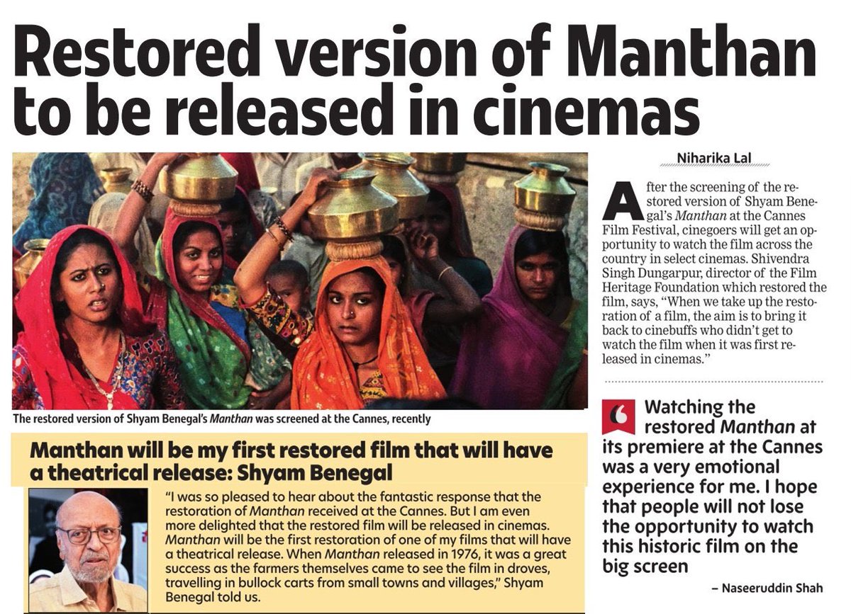 So excited that “Manthan”will be releasing in 50 cities all over India and almost 100 cinemas on June 1st and June 2nd at PVR -INOX and Cinépolis theatres… Ultimate aim of restoring a film is to bring back to the public….Don’t miss the opportunity to watch this restored Classic
