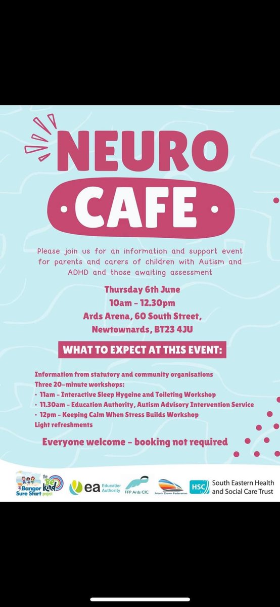 Are you a parent or carer for a child diagnosed or waiting assessment for autism or ADHD? Neuro cafe is running on 6th June. Information from statuatory and community organisations. @Ed_Authority @setrust @niciebelfast