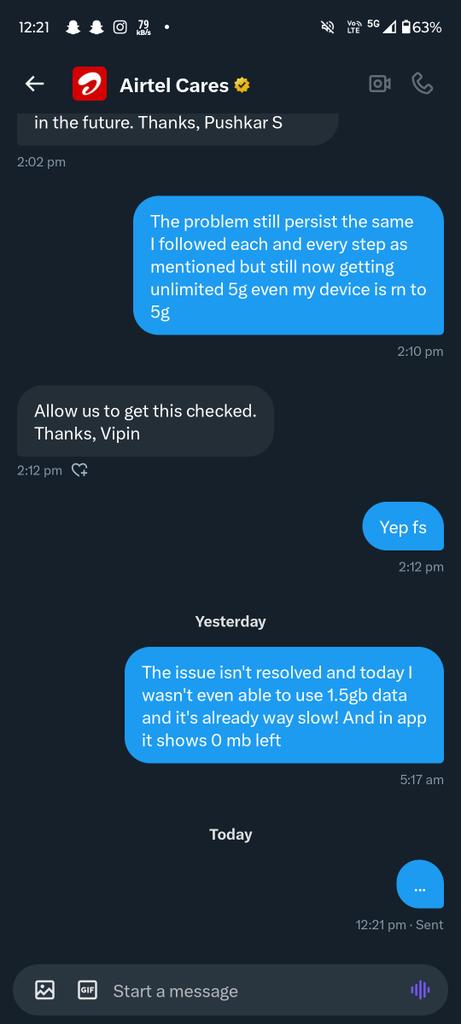 Amount of efforts @airtelindia @Airtel_Presence @airtelnews apply are so great no other company can do it. Issue isn't resolved I'm not able to use the internet and they're not even responding. I've been using this sim from past 10yrs. No support @bhartiairtelfdn