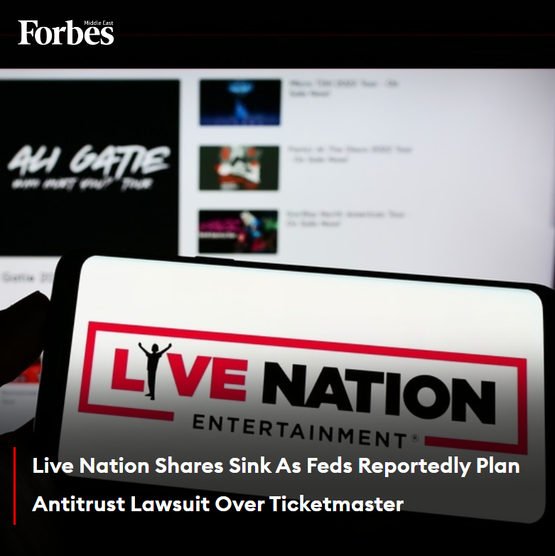 The Justice Department is reportedly expected to file suit against entertainment giant #LiveNation, possibly seeking to break up the Ticketmaster parent mired by monopoly allegations and a botched Taylor Swift ticket sale. #Forbes For more details: 🔗on.forbesmiddleeast.com/plzd