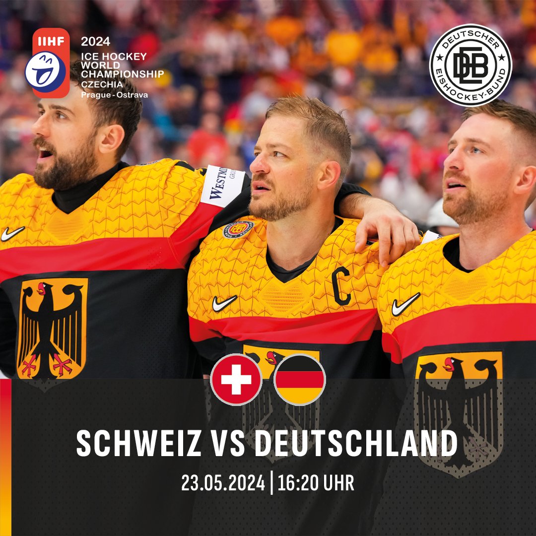 Ab jetzt gilt: Alles oder nichts! Unsere deutsche Männer-Nationalmannschaft 🇩🇪 startet in die heiße K.O.-Phase der diesjährigen Weltmeisterschaft und trifft im heutigen Viertelfinale auf die Schweizer Konkurrenz 🇨🇭 Face-Off der Partie ist 16:20 Uhr 🏒💪 #debteams #SUIGER