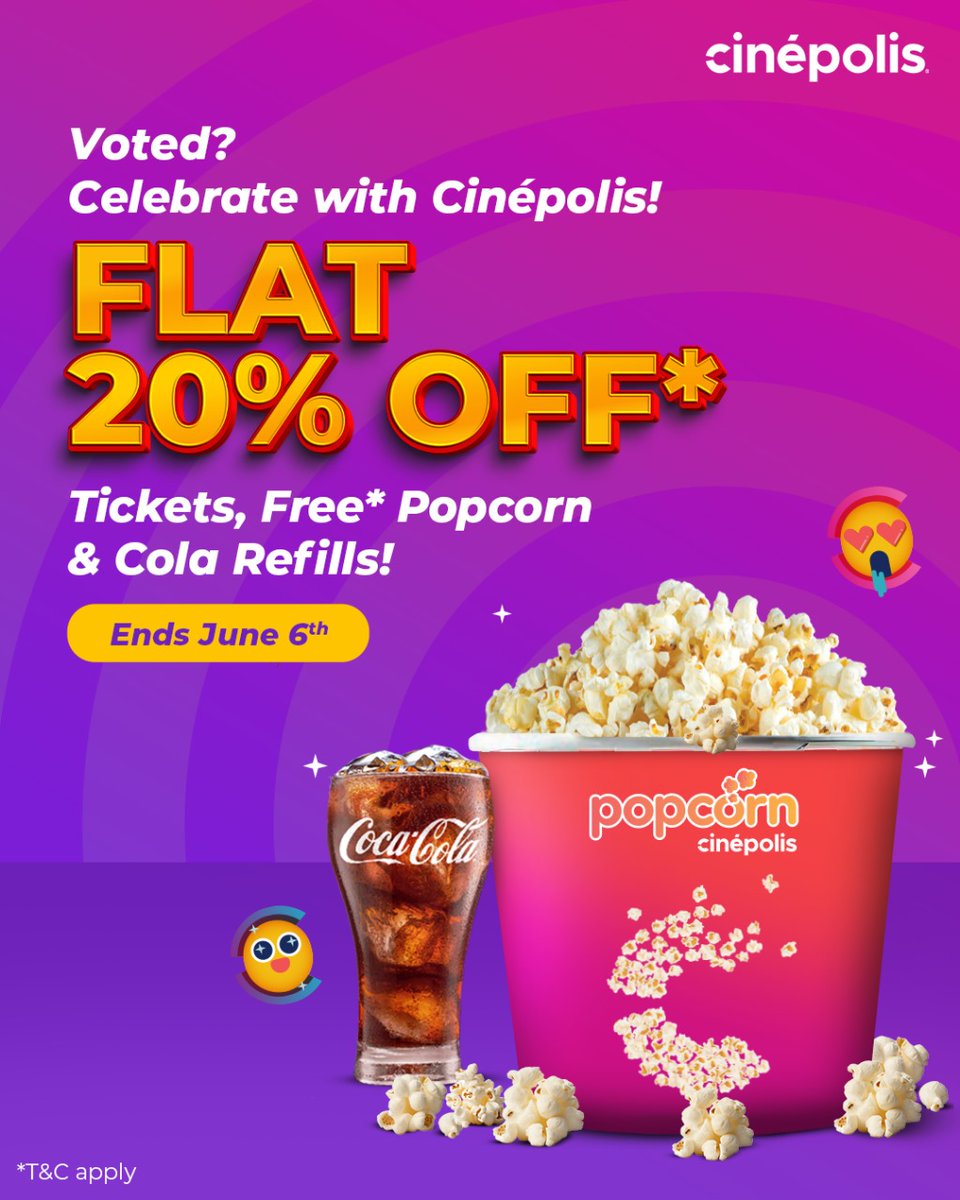 Show your Voting mark or Voter ID and enjoy 20% off* (up to ₹120*/-) on your entire bill! Grab your friends & family, indulge in a delicious meal, and celebrate your duty. Plus, get a FREE* popcorn & cola refill to keep you refreshed! Offer valid until June 6th. *T&C Apply