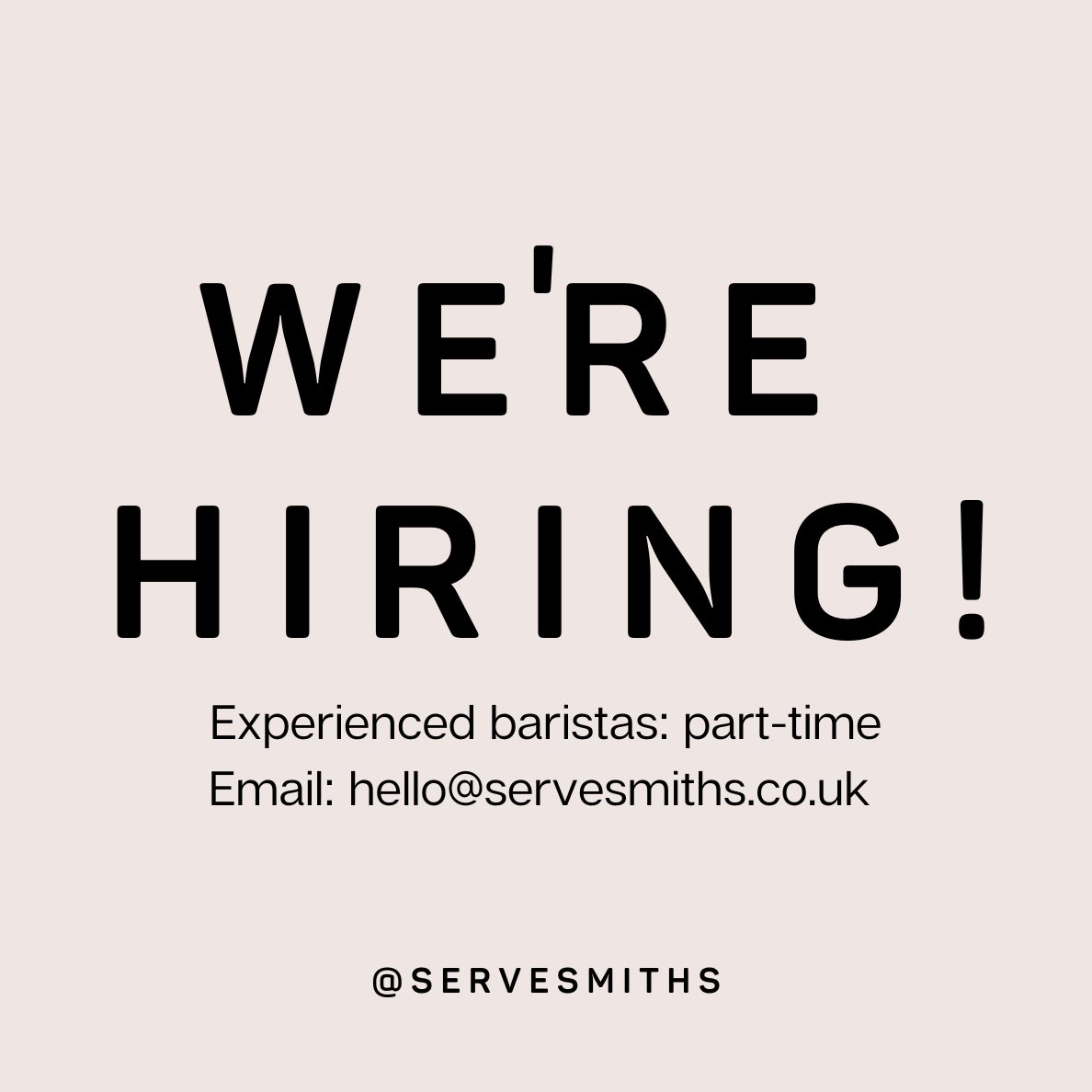 servesmiths's tweet photo. 📣 Job Opportunity Alert 📣
Join our team as an experienced part-time barista! ☕️
At our neighbourhood coffee shop, we're all about creating an extraordinary coffee experience, so you have a passion for hospitality and exceptional coffee, send your CV to hello@servesmiths.com https://t.co/qNfemCpHDz