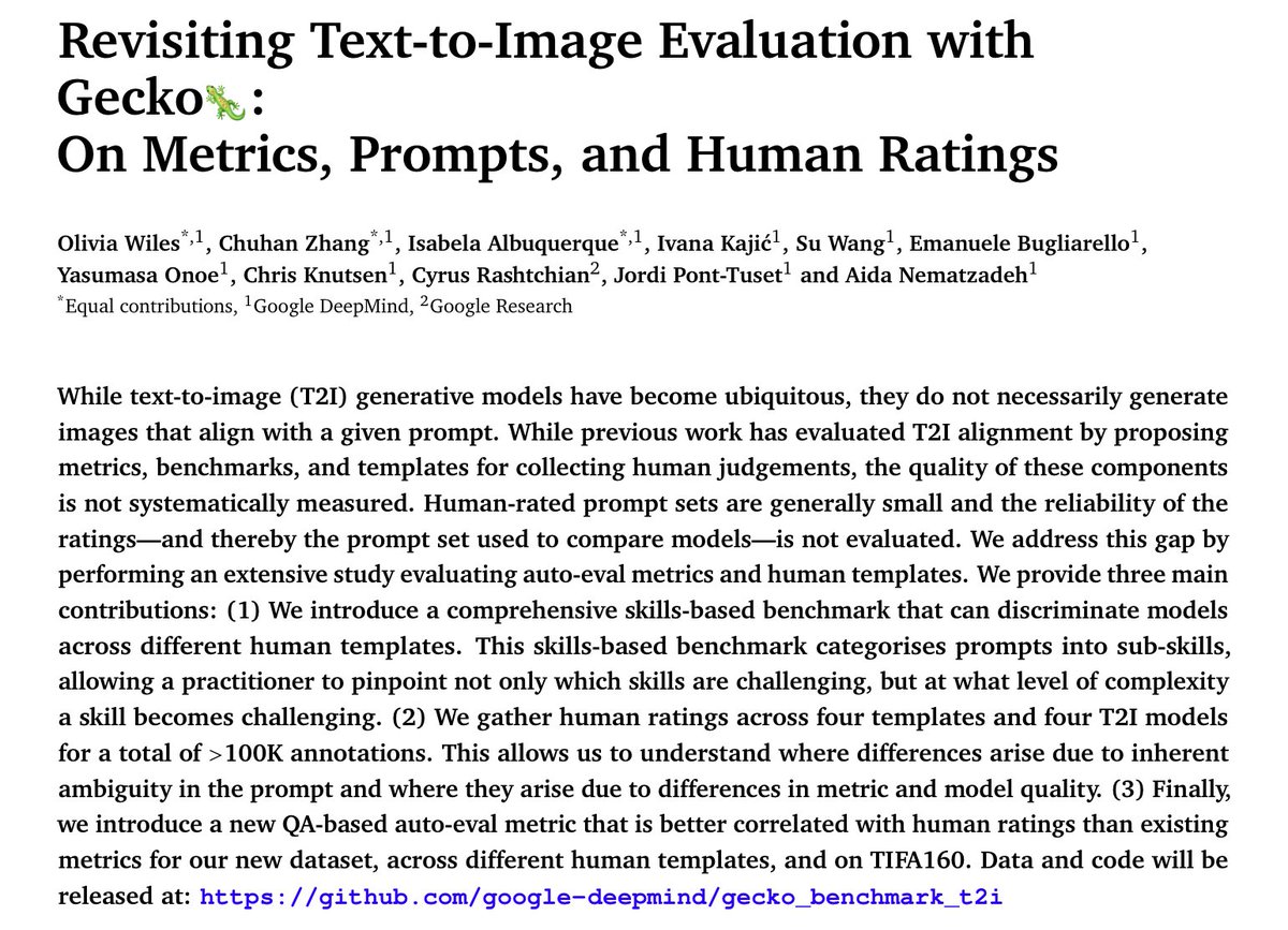 Emanuele Bugliarello (@ebugliarello) on Twitter photo Check out Gecko 🦎: <a href="/GoogleDeepMind/">Google DeepMind</a>'s latest work looking at how to evaluate text-to-image technology with:
📊 a new benchmark
🕵️ 100K+ human ratings of state-of-the-art T2I models
🤖 a better human-correlated auto-eval metric
arxiv.org/abs/2404.16820 Check out Gecko 🦎: <a href="/GoogleDeepMind/">Google DeepMind</a>'s latest work looking at how to evaluate text-to-image technology with:
📊 a new benchmark
🕵️ 100K+ human ratings of state-of-the-art T2I models
🤖 a better human-correlated auto-eval metric
arxiv.org/abs/2404.16820