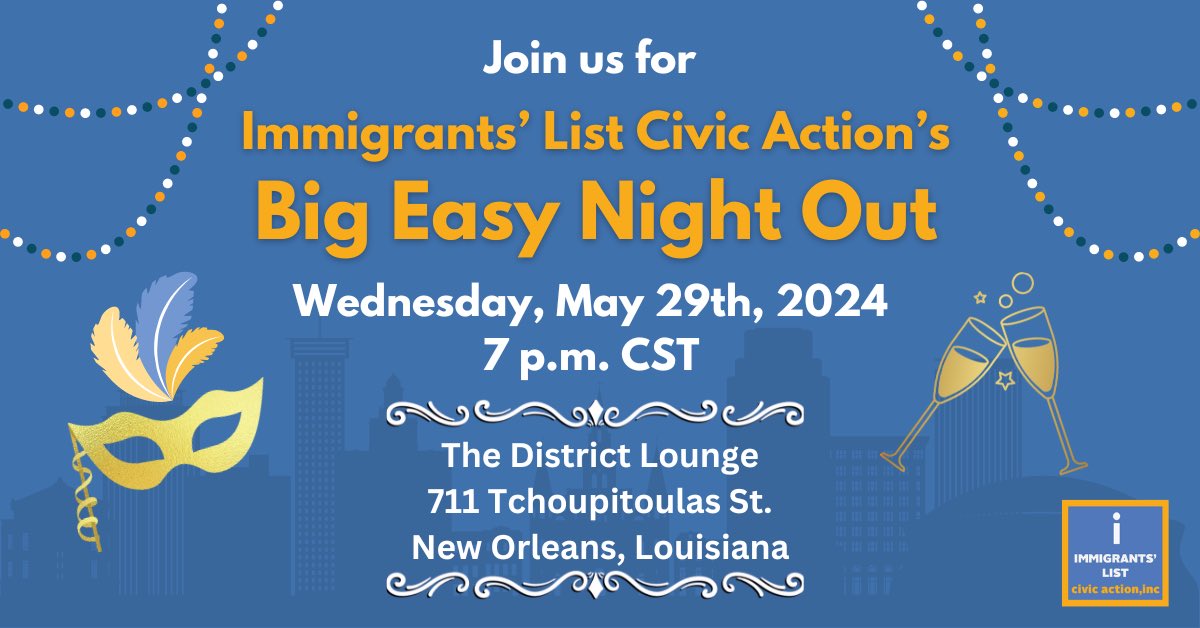 GossImmigration's tweet photo. NAFSA ATTENDEES: @NAFSA Join Immigrants' List Civic Action for a Big Easy Night Out! Tickets start at just $25! Learn more about ILCA's election work, party with your colleagues, and enjoy drinks and food! Register here: https://t.co/kL8vfnYl9u #NAFSA2024 https://t.co/MVGanBwyWX