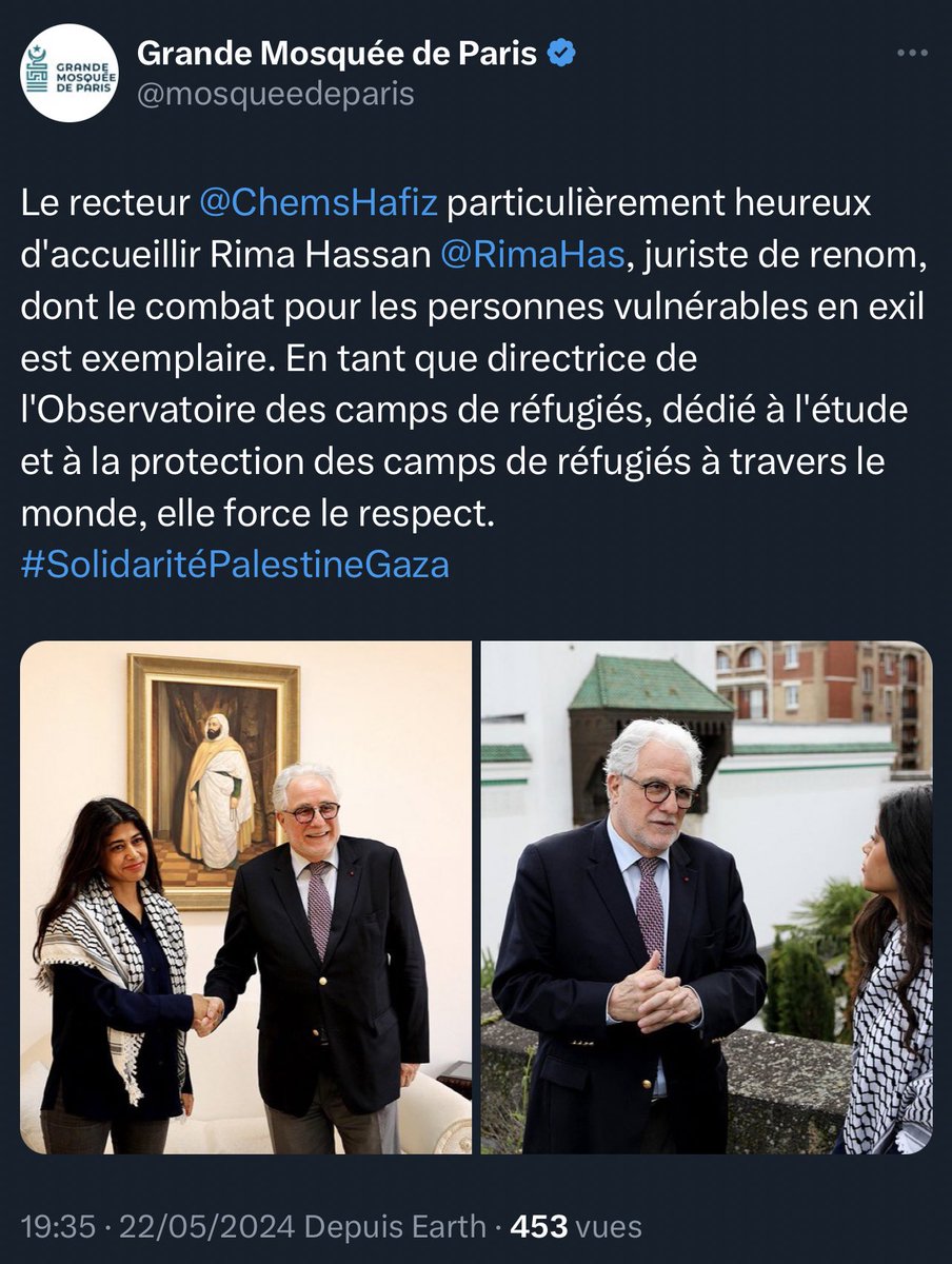 MarionMarechal's tweet photo. Après la remise en cause par un imam de l’explosion des actes antisémites, le rapprochement avec les islamistes Frères musulmans, la @mosqueedeparis en dérive soutient @Rimahas.

Inadmissible ingérence dans les élections.

@Gdarmanin doit réclamer le départ de @Chemshafiz. https://t.co/2Wa56si3aI