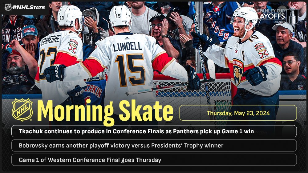 NHL Morning Skate: #StanleyCup Playoffs Edition – May 23, 2024

▪ @FlaPanthers’ Tkachuk tallies another winner in Conference Finals
▪ @DallasStars, @EdmontonOilers set to open series tonight
▪ @Canucks’ Tocchet takes home Jack Adams Award

#NHLStats: media.nhl.com/public/news/18…