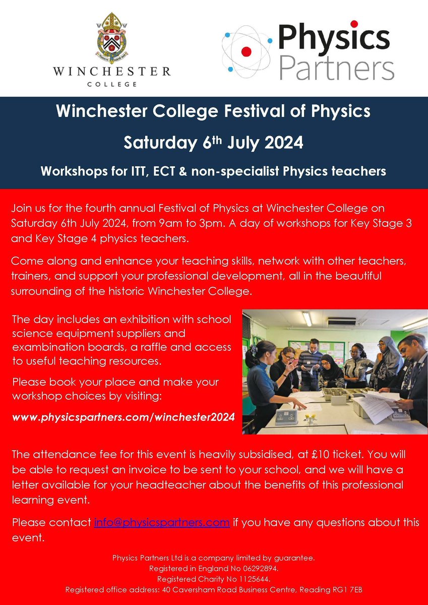 🚀 Winchester College Festival of Physics - Sat 6th July 🚀 

Join us for an day of CPD workshops @wincoll.

Exhibitors include @dataharvestnews, @ScientificLabs, @isaacphysics, @BrecklandSci, @legophysicsguy, @unisouthampton 
 
Book here: buff.ly/4aty66H. 

#WCFOP24