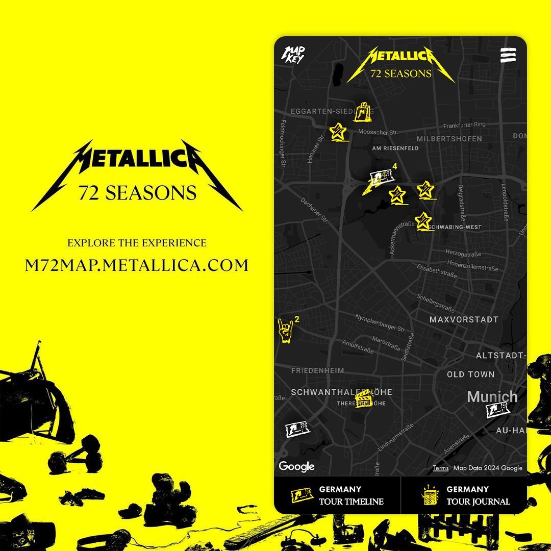 Had a chance to check out the #M72 Interactive Map? If you haven’t, you’re missing out on a bunch of cool stuff you’ll want to experience at #M72Munich! You’ll find pop-up shops, support gigs, & sites from Metalli-history, plus hidden prizes! 🗺️ m72map.metallica.com