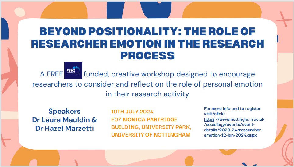 Hazel Marzetti (@hazelmarzetti) on Twitter photo Are you interested in thinking creatively about the role of researchers' emotions in our research practices?
The fabulous <a href="/VictoriaCluley/">Victoria Cluley</a> is organising a 1 day workshop funded by <a href="/SHI_Foundation/">SHI Foundation</a> and we'd love to see you there!
For info and to register: bit.ly/4aw7su2 Are you interested in thinking creatively about the role of researchers' emotions in our research practices?
The fabulous <a href="/VictoriaCluley/">Victoria Cluley</a> is organising a 1 day workshop funded by <a href="/SHI_Foundation/">SHI Foundation</a> and we'd love to see you there!
For info and to register: bit.ly/4aw7su2