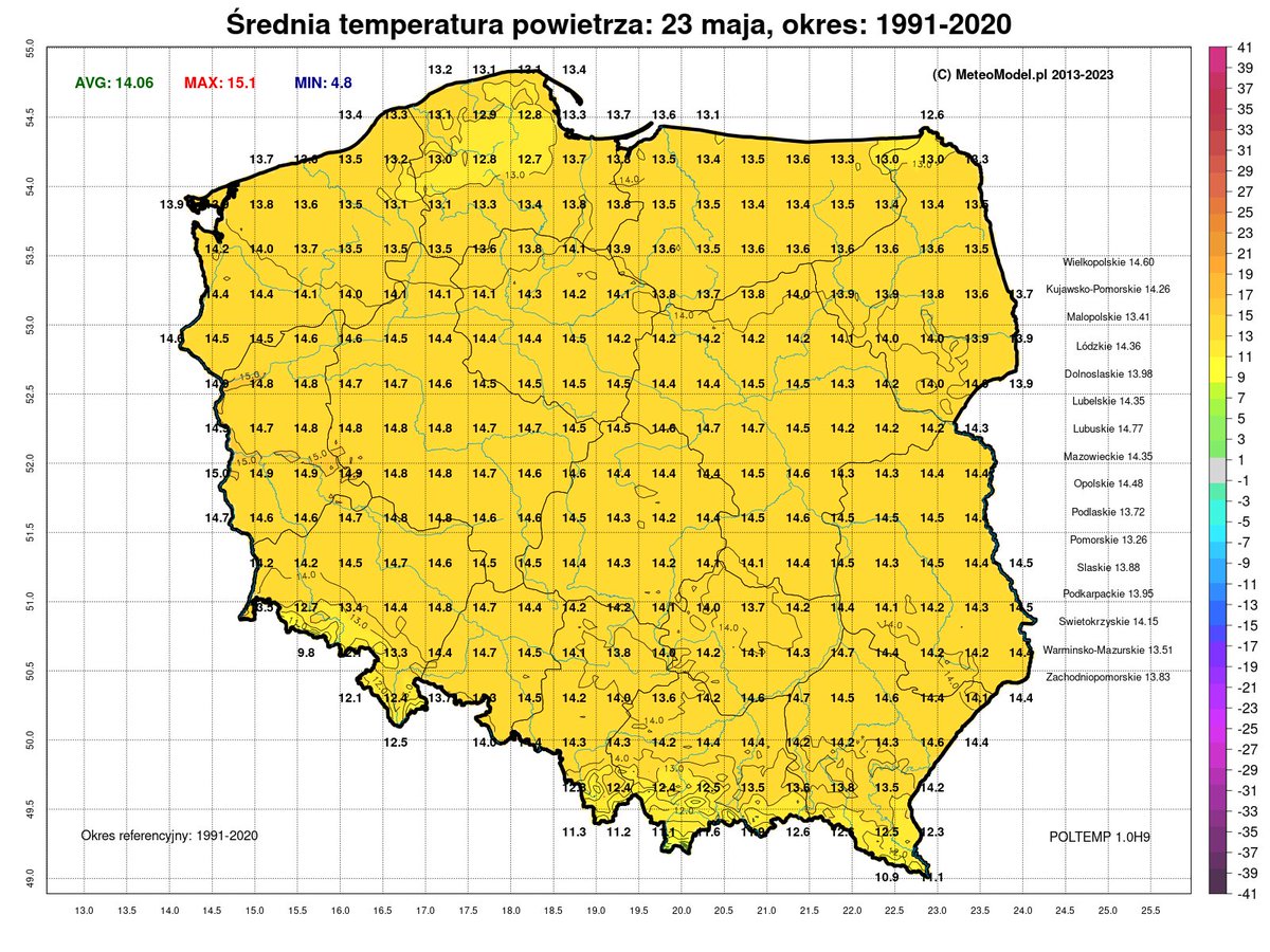 Średnia dobowa temperatura powietrza dla dnia 2️⃣3️⃣ maja (okres ref.1991-2020) dane: #IMGW #Meteomodel