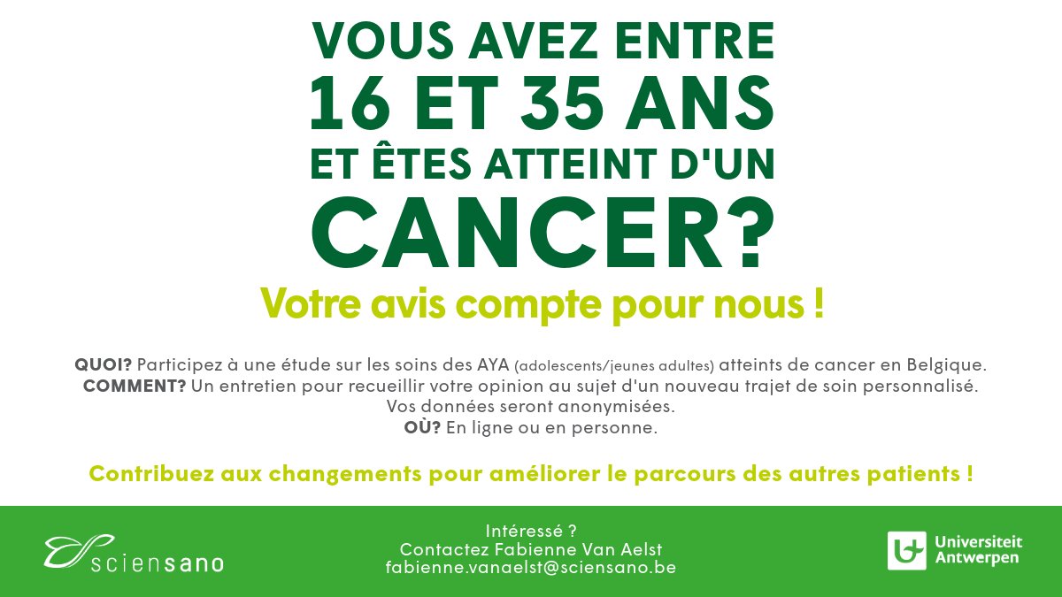 Vous avez entre 16 et 35 ans et vous êtes atteint·e d'un cancer ? Partagez votre expérience et votre opinion sur le nouveau trajet de soin personnalisé pour les adolescent·e·s et jeunes adultes atteint·e·s de #cancer en Belgique. 🤝 @UAntwerpen Plus d'infos 👇