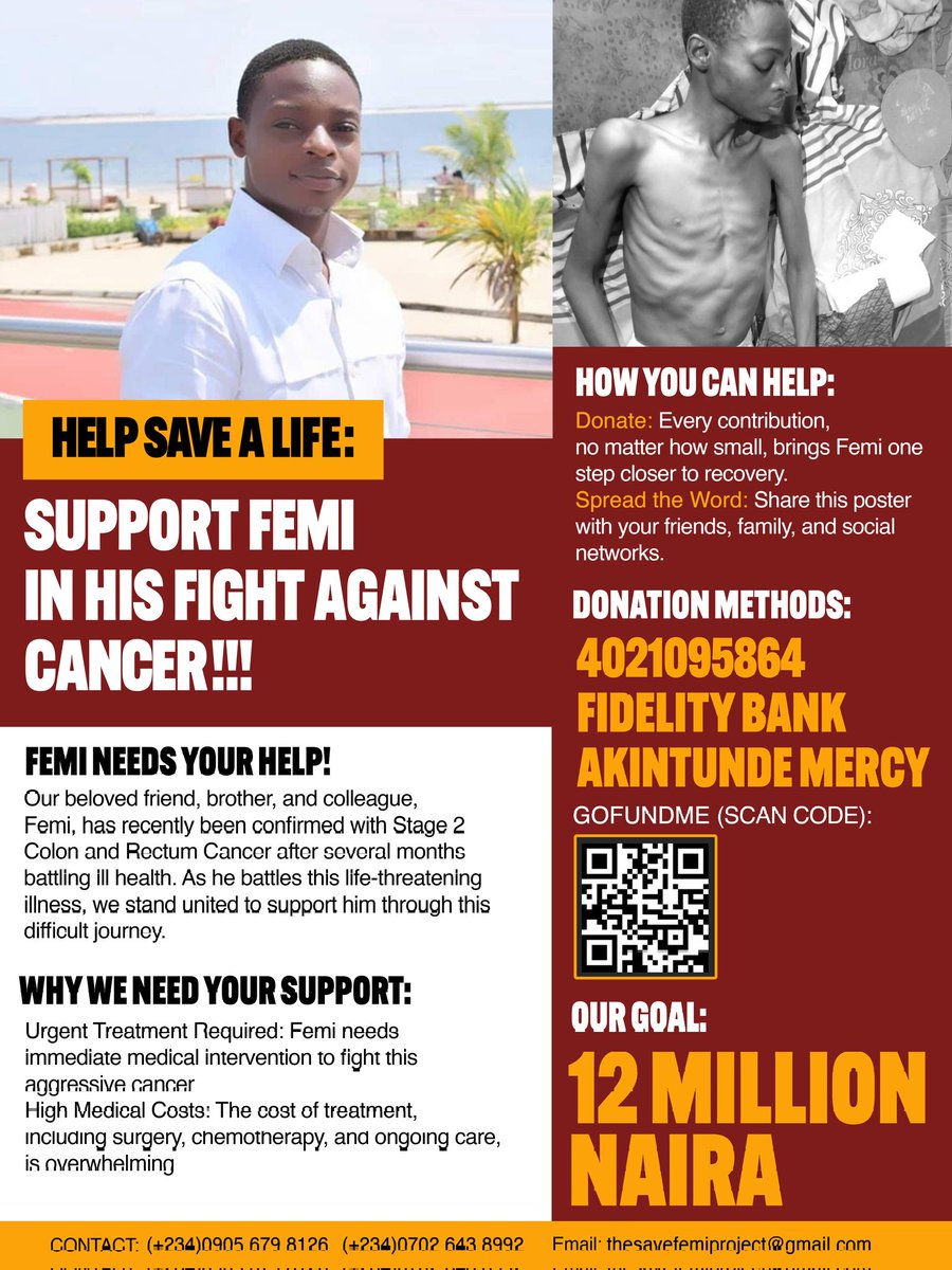 yinkanubi's tweet photo. We started with a target of N12m. So far, we have raised N3.2m. We took out N1.5m to add to the cost of surgery. He is out of surgery, in ICU but conscious. There is still so much to come but this was a much needed first step.

How You Can Help:

- Donate: Every contribution, no matter how small, brings Femi one step closer to recovery.
- Spread the Word: Share the poster with your friends, family, and social networks.

*DONATION METHODS:*
4021095864
FIDELITY BANK
AKINTUNDE MERCY FUNKE

GOFUNDME ACCOUNT:
https://t.co/lJxHHfKQb1

Thanks to all those who have contributed and supported so far. Because of your generosity, a Family is hopeful today. 🙏