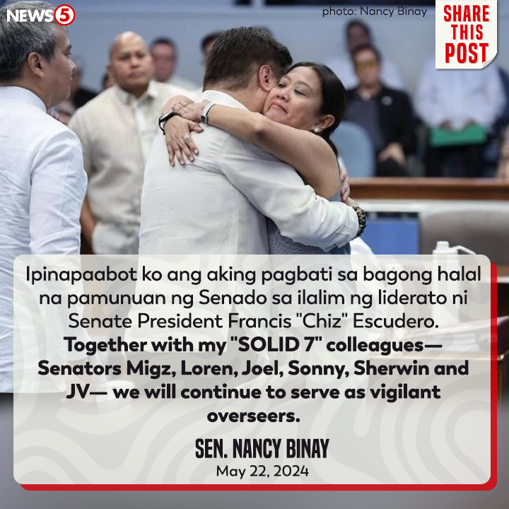 TV5NewsPH's tweet photo. "WE WILL CONTINUE TO SERVE AS VIGILANT OVERSEERS"

Ito ang bahagi ng mensahe ni Sen. #NancyBinay para sa bagong liderato na pamumunuan ni Sen. #ChizEscudero. #News5 https://t.co/ABESf9NVXB