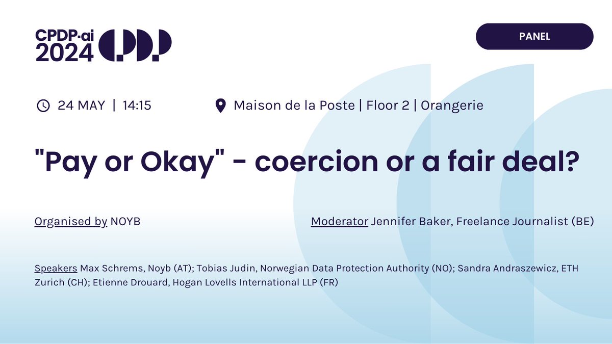 noyb (@noybeu) on Twitter photo Want to learn more about Pay or Okay? Check out our <a href="/CPDPconferences/">CPDP Conferences</a> panel this Friday!
<a href="/maxschrems/">Max Schrems 🇪🇺</a> will discuss the topic with <a href="/tobiasjudin/">Tobias Judin 余定</a> <a href="/Datatilsynet/">Datatilsynet</a>, Sandra Andraszewicz <a href="/ETH/">ETH Zürich</a>, <a href="/etiennedrouard/">Etienne Drouard</a> from <a href="/HoganLovells/">Hogan Lovells</a>, and moderated by <a href="/BrusselsGeek/">Jen Baker</a> #CPDP2024 Want to learn more about Pay or Okay? Check out our <a href="/CPDPconferences/">CPDP Conferences</a> panel this Friday!
<a href="/maxschrems/">Max Schrems 🇪🇺</a> will discuss the topic with <a href="/tobiasjudin/">Tobias Judin 余定</a> <a href="/Datatilsynet/">Datatilsynet</a>, Sandra Andraszewicz <a href="/ETH/">ETH Zürich</a>, <a href="/etiennedrouard/">Etienne Drouard</a> from <a href="/HoganLovells/">Hogan Lovells</a>, and moderated by <a href="/BrusselsGeek/">Jen Baker</a> #CPDP2024