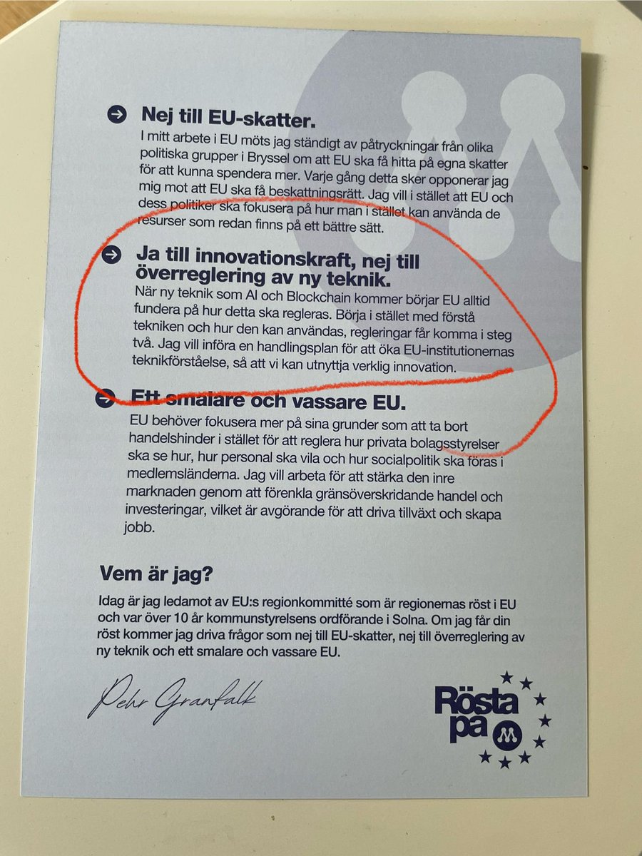 Vote for your crypto friendly candidate (and my friend!) 
in the EU election, #9 Pehr Granfalk (M).

We’ve just seen in the US how important politics are. 
PRO INNOVATION or Europe will become a museum!