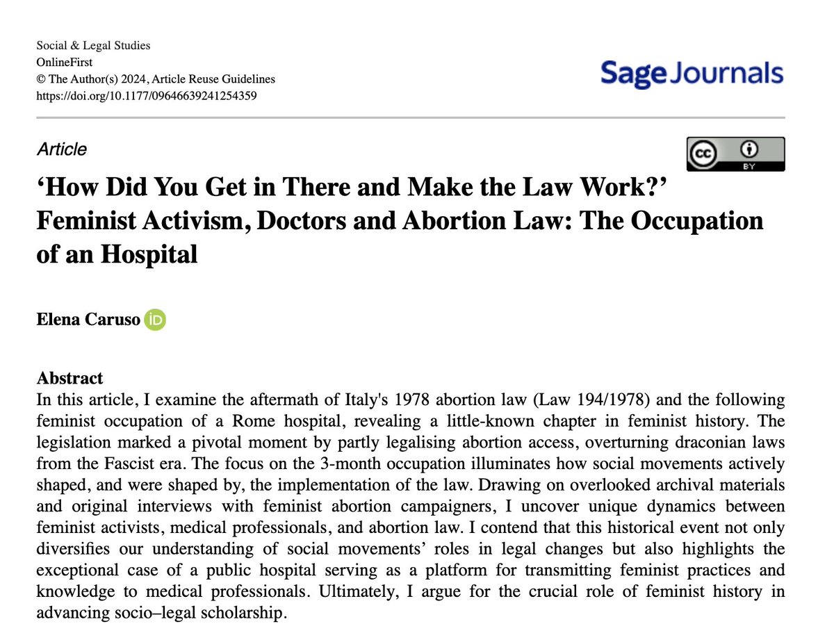 hazalatay (@hazalatay7) on Twitter photo Great to see this work in print <a href="/SLS_Journal/">Social & Legal Studies</a> by <a href="/elena_caruso_/">Elena Caruso</a>
The article explores the 1978 #feminist occupation of a Rome hospital, illuminating how feminist socio-legal #activism actively shaped, and were shaped by, the implementation of the #law.
journals.sagepub.com/doi/10.1177/09… Great to see this work in print <a href="/SLS_Journal/">Social & Legal Studies</a> by <a href="/elena_caruso_/">Elena Caruso</a>
The article explores the 1978 #feminist occupation of a Rome hospital, illuminating how feminist socio-legal #activism actively shaped, and were shaped by, the implementation of the #law.
journals.sagepub.com/doi/10.1177/09…