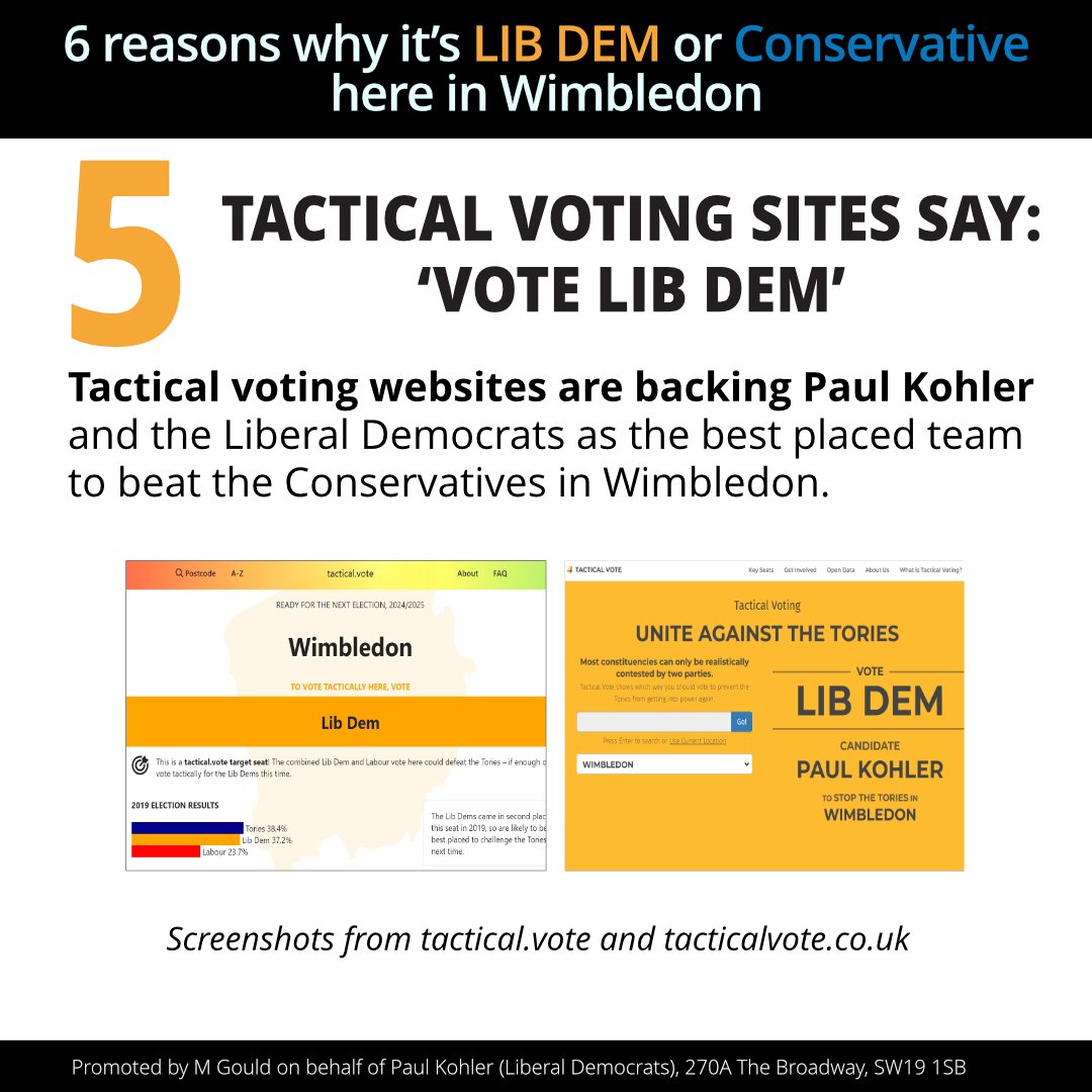 Wimbledon & Merton Lib Dems🔶 (@mertonlibdems) on Twitter photo Tactical voting sites back <a href="/PaulKohlerSW19/">Paul Kohler🔶MP for Wimbledon</a> to beat the Conservative. Voting for anyone else risks the Conservatives sneaking in here again. Tactical voting sites back <a href="/PaulKohlerSW19/">Paul Kohler🔶MP for Wimbledon</a> to beat the Conservative. Voting for anyone else risks the Conservatives sneaking in here again.