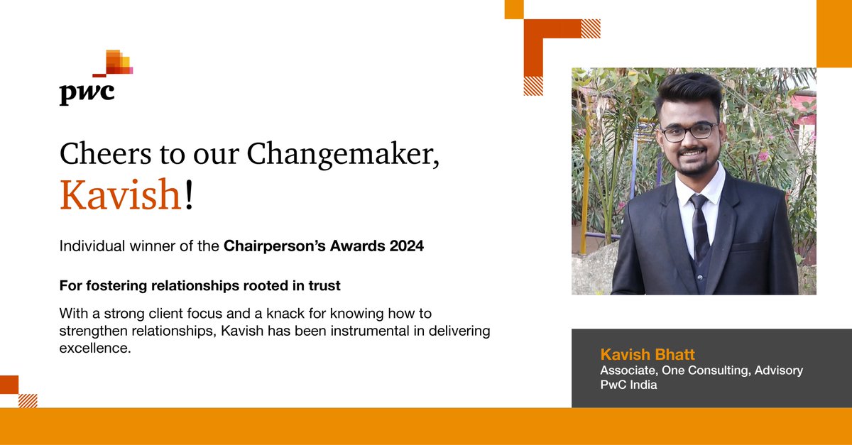 #ChangemakersAtPwCIndia embody our values, purpose & vision. Through the #ChairpersonsAwards, we’re celebrating our mavericks who blaze trails. Congratulations to our winner Kavish, for shaping a future built on trust! #TogetherWeFuture #TogetherWeSolve