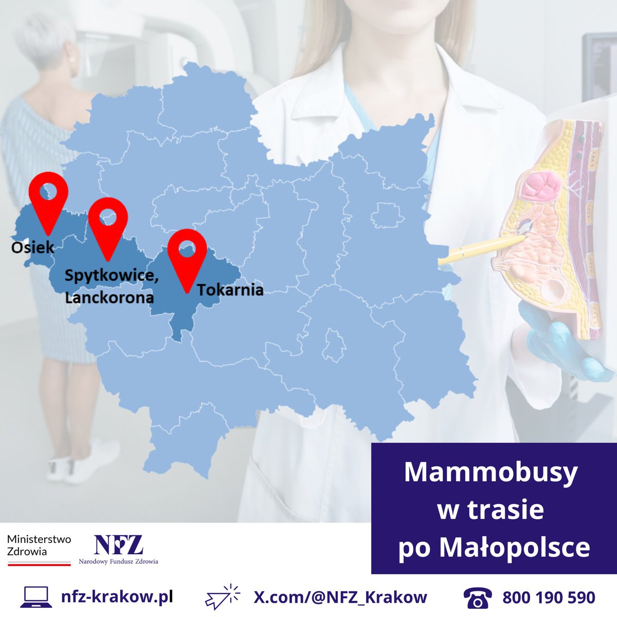 NFZ_Krakow's tweet photo. 👩👱♀️ Masz 45-74 lata?
🎀 Regularnie badaj piersi w programie profilaktycznym @NFZ_GOV_PL i miej pewność, że jesteś zdrowa ❣️
W pracowni stacjonarnej lub mammobusie.
🗺️ Dziś #mammobus w:
#Tokarnia,
#Spytkowice,
#Lanckorona,
#Osiek.
ℹ️ https://t.co/1f3azkJXu5 https://t.co/XfWYWpU6Ot