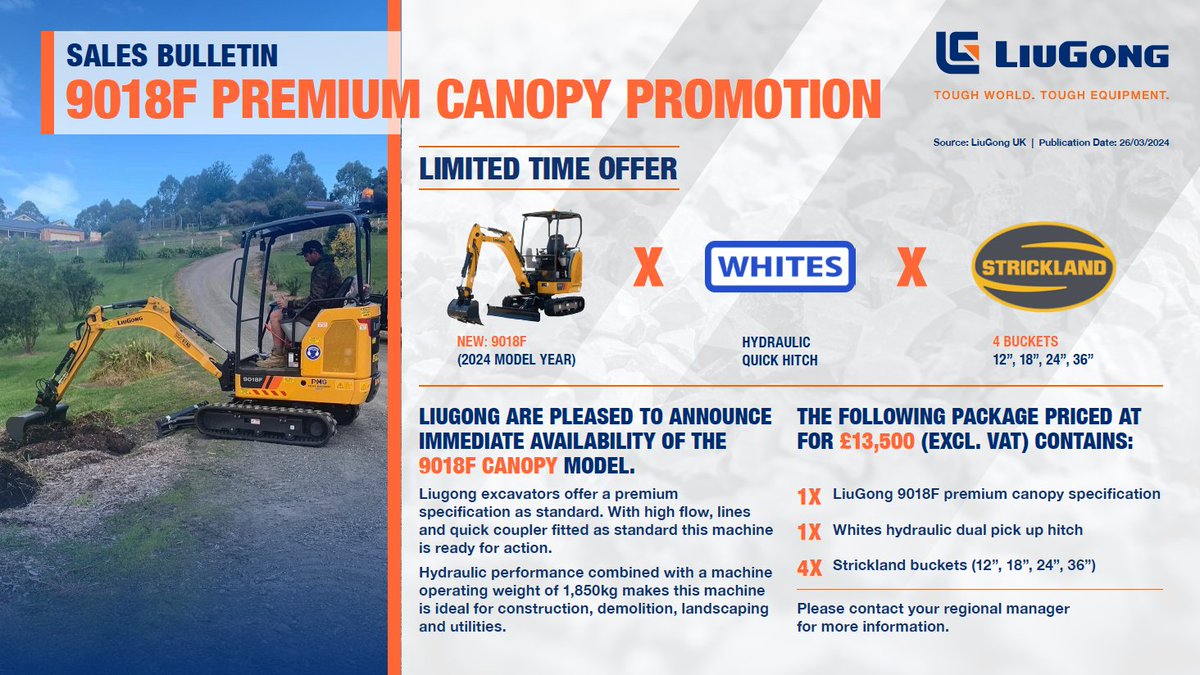 LiuGong Direct UK (@liugonguk) on Twitter photo 9018F PREMIUM CANOPY PROMOTION!!
Get in touch today for a fantastic limited time only promotion we are currently having:
02392 123 392 | info@liugong.co.uk
#liugong #liugonguk #liugong9018 #promotion 9018F PREMIUM CANOPY PROMOTION!!
Get in touch today for a fantastic limited time only promotion we are currently having:
02392 123 392 | info@liugong.co.uk
#liugong #liugonguk #liugong9018 #promotion